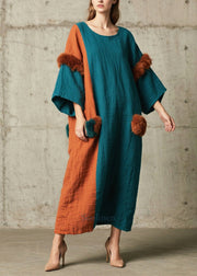 Tea Green Patchwork Faux Fur Dress Oversized Bracelet Sleeve