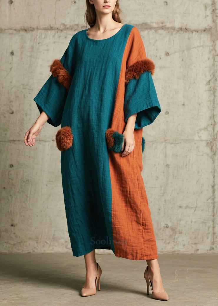 Tea Green Patchwork Faux Fur Dress Oversized Bracelet Sleeve