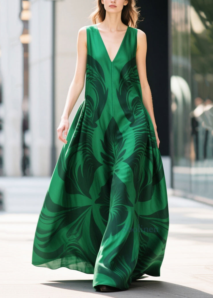 Tea Green Print Chiffon Evening Dresses Exra Large Hem Summer