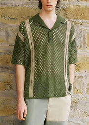 Tea Green Print Hollow Out Knit Mens Graphic Polo Shirts Summer