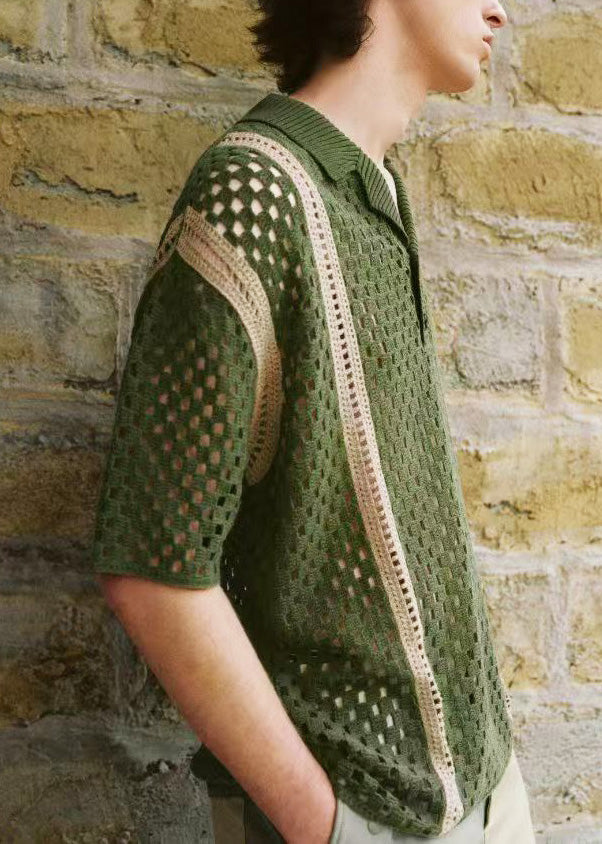 Tea Green Print Hollow Out Knit Mens Graphic Polo Shirts Summer