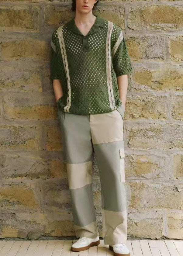 Tea Green Print Hollow Out Knit Mens Graphic Polo Shirts Summer