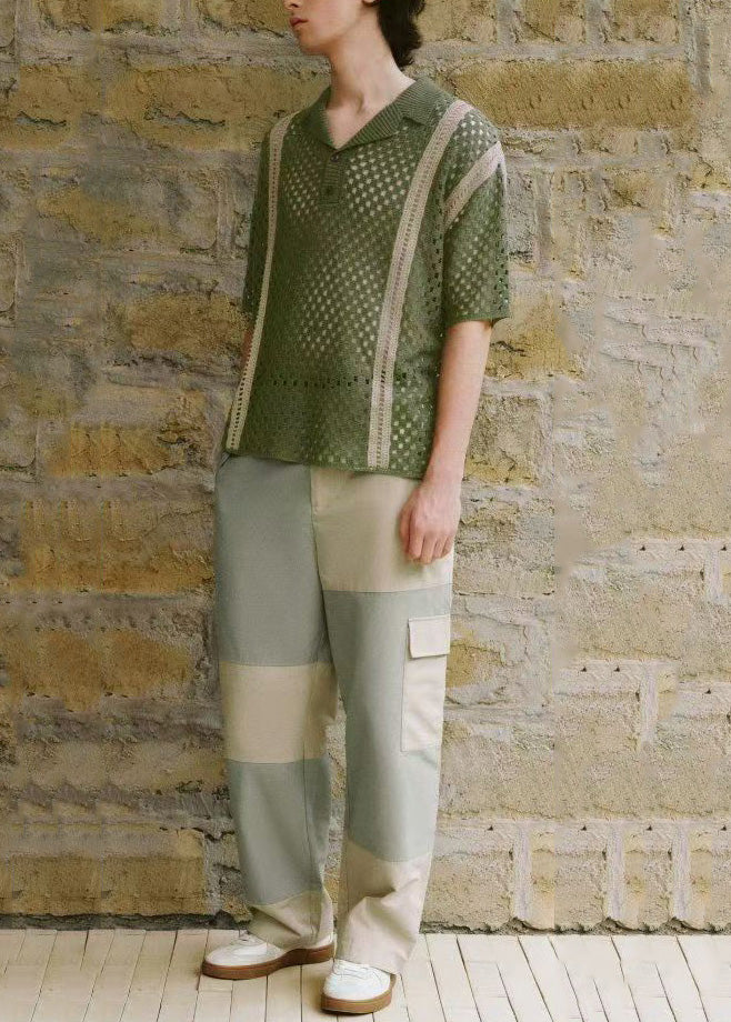 Tea Green Print Hollow Out Knit Mens Graphic Polo Shirts Summer