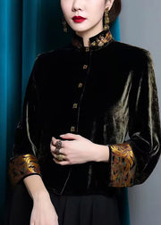 Top Quality Black Stand Collar Button Silk Velour Coats Fall