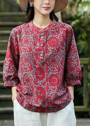 2025 Red O-Neck Jacquard Linen Blouse Tops Bracelet Sleeve