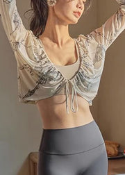 Trendy Beige V Neck Print Tie Lace Long Sleeve Yoga Smock