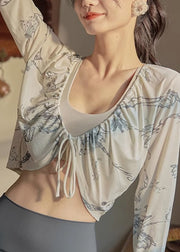 Trendy Beige V Neck Print Tie Lace Long Sleeve Yoga Smock
