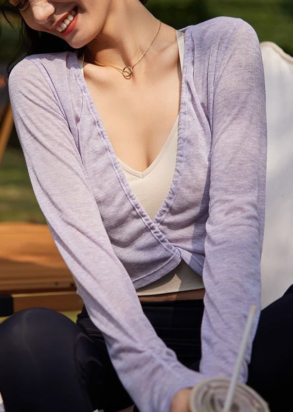 Trendy Beige V Neck Print Tie Lace Long Sleeve Yoga Smock