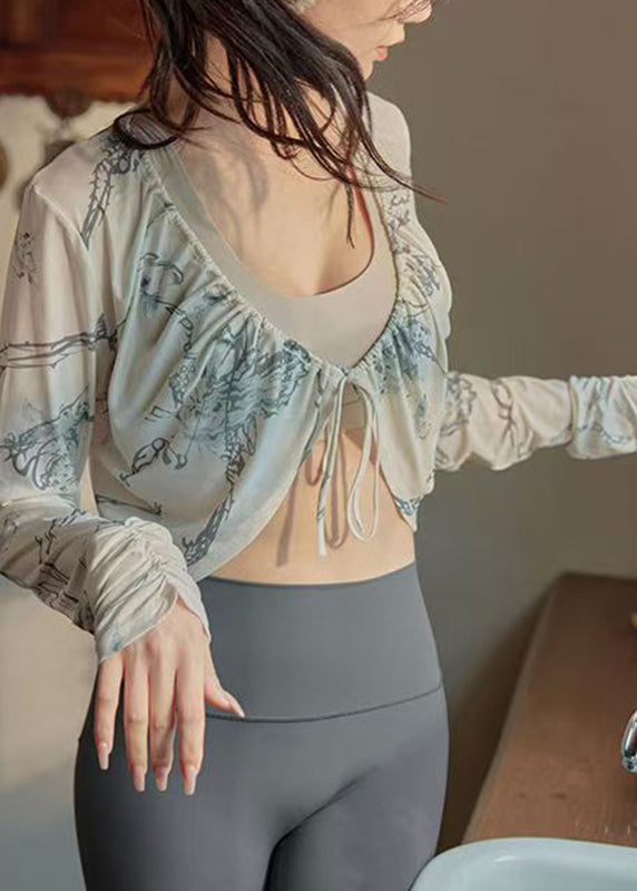 Trendy Beige V Neck Print Tie Lace Long Sleeve Yoga Smock