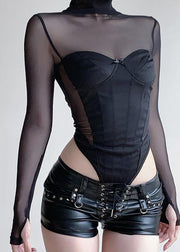 Trendy Black Turtleneck Tulle Bodysuit