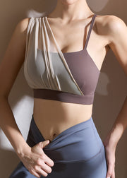 Trendy Brown Tulle Patchwork Solid Sports Bras