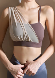 Trendy Brown Tulle Patchwork Solid Sports Bras