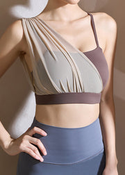Trendy Brown Tulle Patchwork Solid Sports Bras