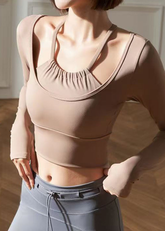 Trendy Chocolate Halter Sports Bra Tank Top Long Sleeve