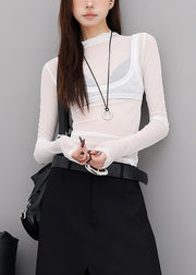 Trendy White Hign Neck Patchwork Tulle Two Pieces Set Fall