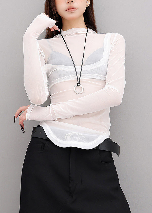Trendy White Hign Neck Patchwork Tulle Two Pieces Set Fall
