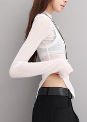 Trendy White Hign Neck Patchwork Tulle Two Pieces Set Fall