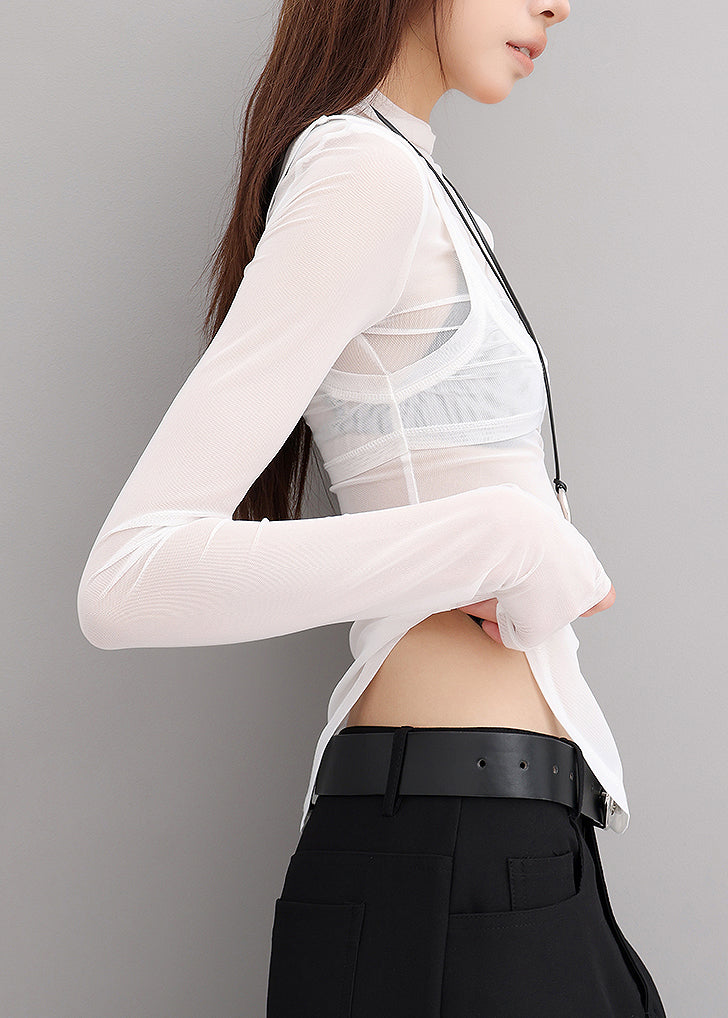Trendy White Hign Neck Patchwork Tulle Two Pieces Set Fall