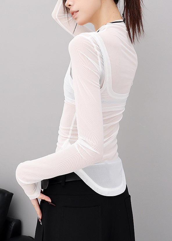 Trendy White Hign Neck Patchwork Tulle Two Pieces Set Fall