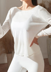 Trendy White O-Neck Long Sleeve Yoga Wrap Top