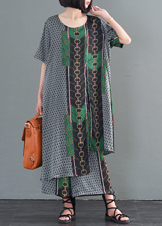 Unique Asymmetrical Print Side Open Silk Two Pieces Set Fall