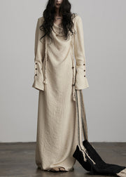 Unique Beige Button Lace Up Cotton Maxi Dress Fall