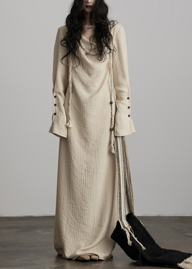Unique Beige Button Lace Up Cotton Maxi Dress Fall