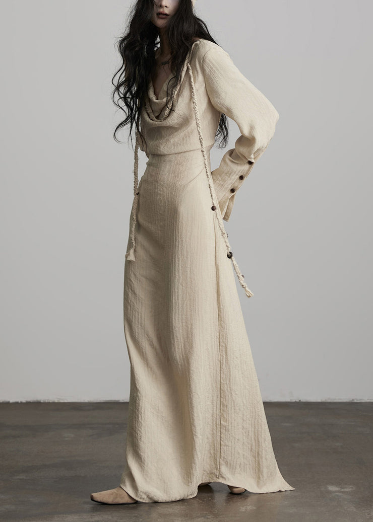 Unique Beige Button Lace Up Cotton Maxi Dress Fall