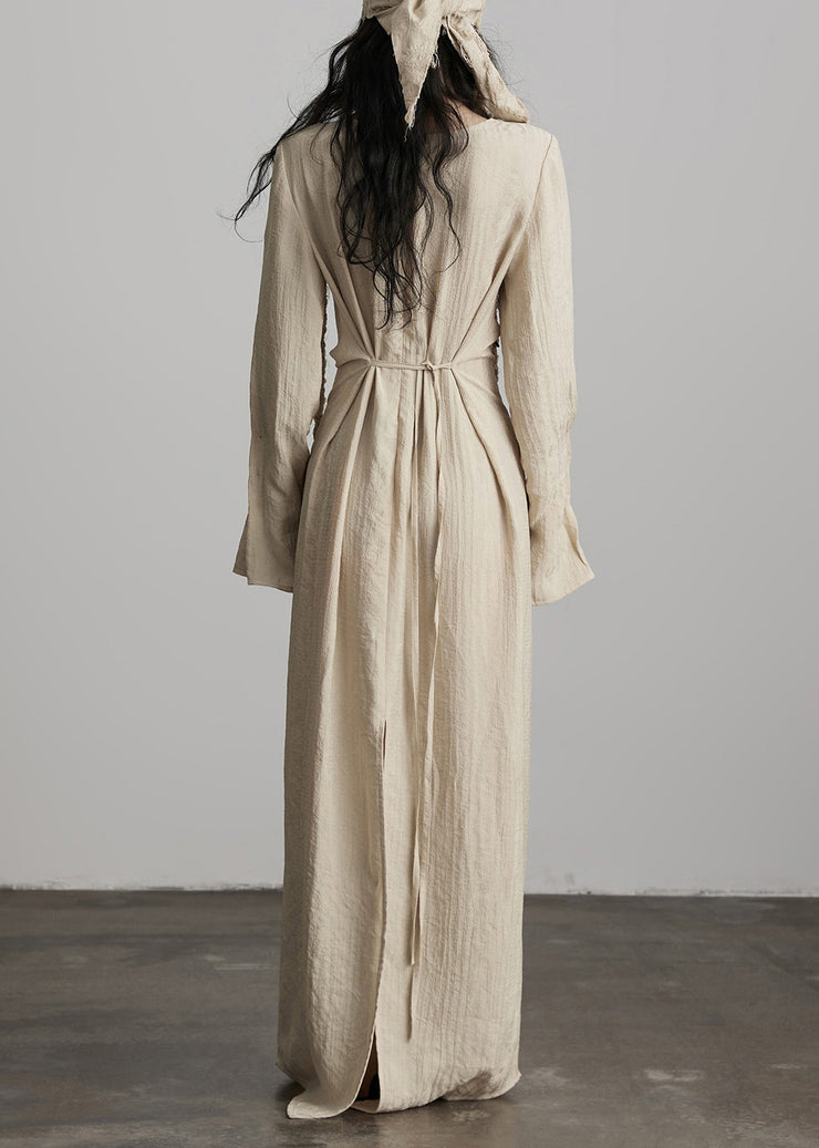 Unique Beige Button Lace Up Cotton Maxi Dress Fall