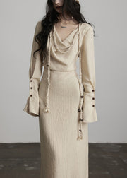 Unique Beige Button Lace Up Cotton Maxi Dress Fall