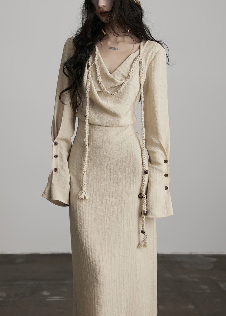 Unique Beige Button Lace Up Cotton Maxi Dress Fall