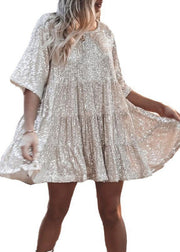 Unique Beige Oversized Sequins Mid Dress Summer