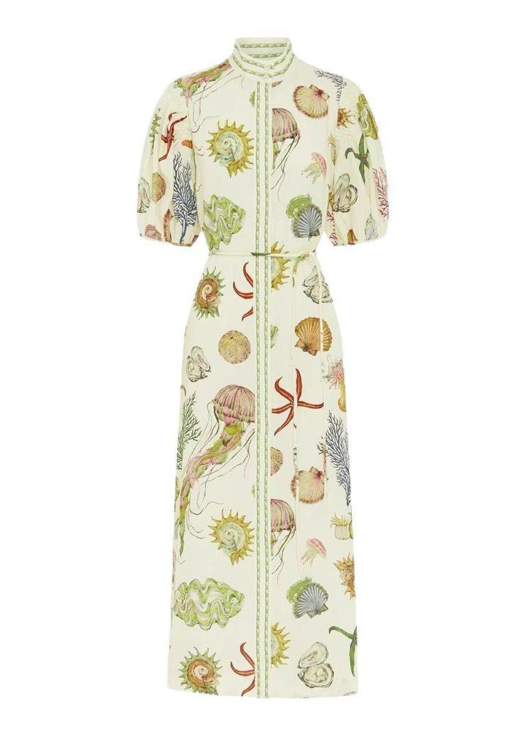 Unique Beige Stand Collar Tie Waist Maxi Dress Summer