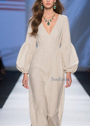 Unique Beige V Neck Patchwork Cotton Long Dresses Fall