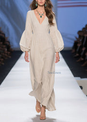 Unique Beige V Neck Patchwork Cotton Long Dresses Fall