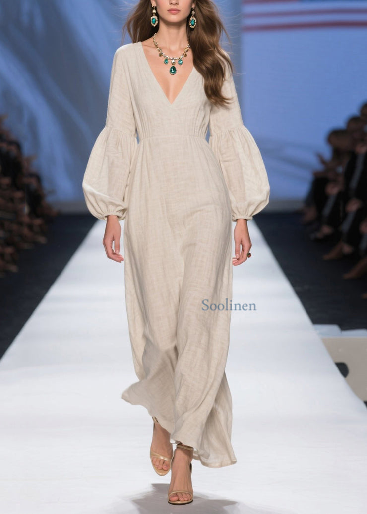 Unique Beige V Neck Patchwork Cotton Long Dresses Fall