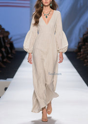 Unique Beige V Neck Patchwork Cotton Long Dresses Fall