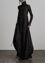 Unique Black Embroidered Lace Up Silk Spaghetti Strap Dress Fall