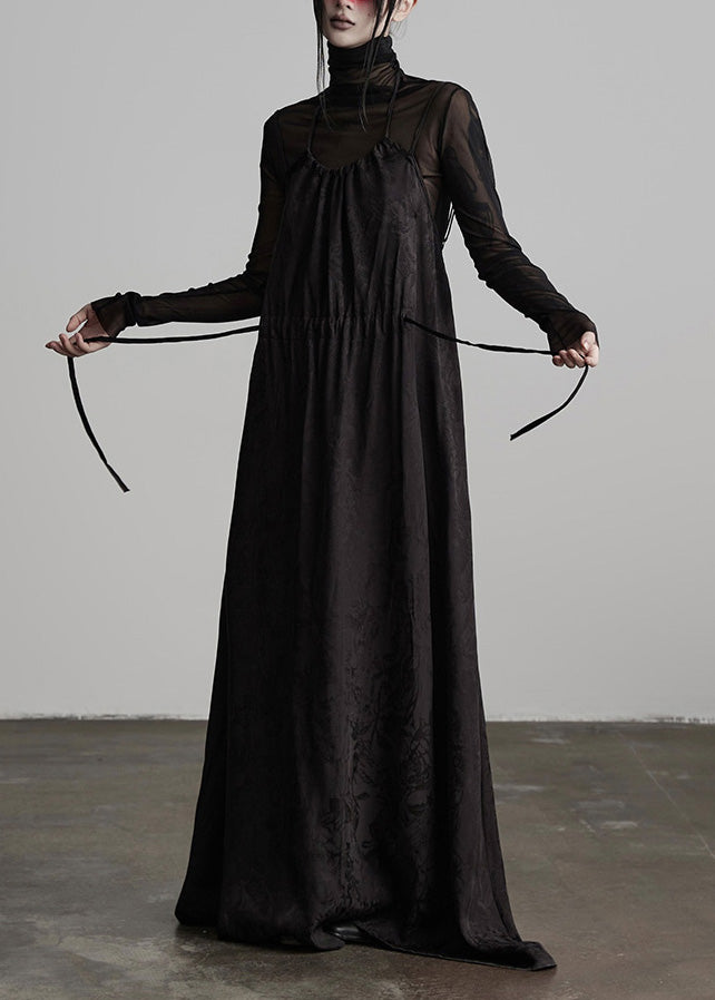 Unique Black Embroidered Lace Up Silk Spaghetti Strap Dress Fall