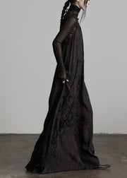 Unique Black Embroidered Lace Up Silk Spaghetti Strap Dress Fall