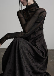 Unique Black Embroidered Lace Up Silk Spaghetti Strap Dress Fall