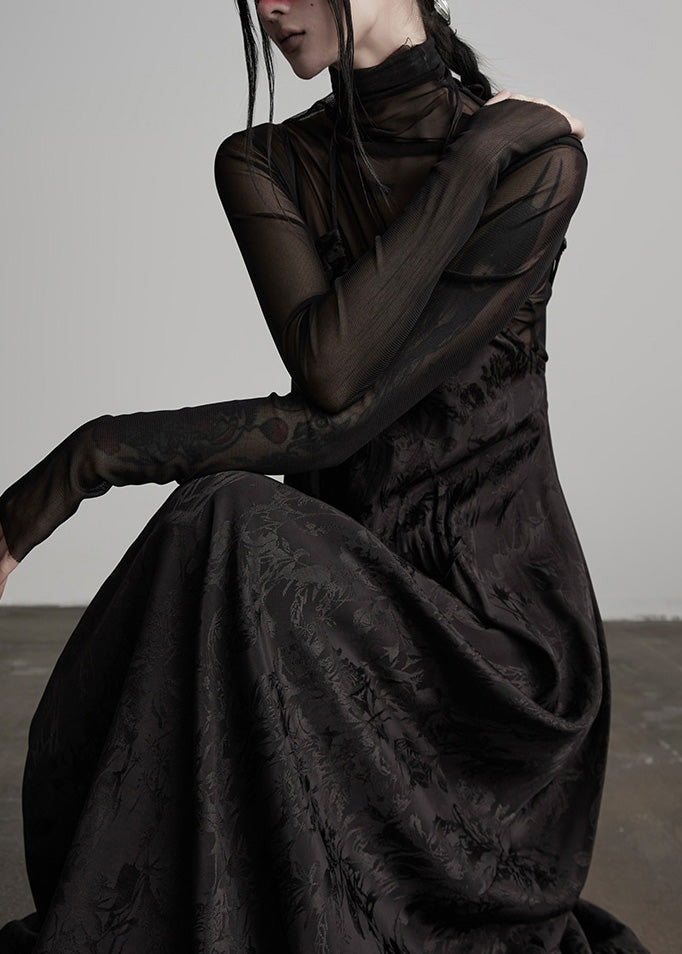 Unique Black Embroidered Lace Up Silk Spaghetti Strap Dress Fall