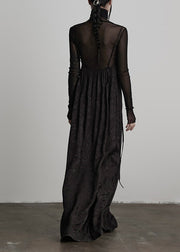 Unique Black Embroidered Lace Up Silk Spaghetti Strap Dress Fall