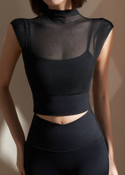 Unique Black Hign Neck Short Sleeve Tulle Yoga Tank Tops