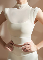 Unique Black Hign Neck Short Sleeve Tulle Yoga Tank Tops