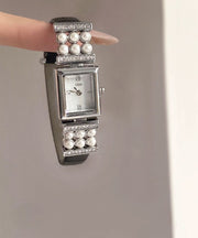 Unique Black Leather Hardlex Crystal Pearl Zircon Watches