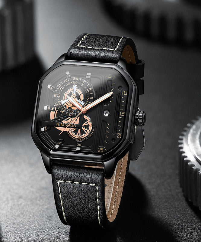Unique Black Leather Quartz Movement Noctilucent Watches