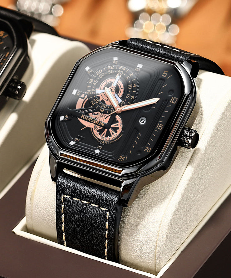 Unique Black Leather Quartz Movement Noctilucent Watches