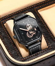 Unique Black Leather Quartz Movement Noctilucent Watches