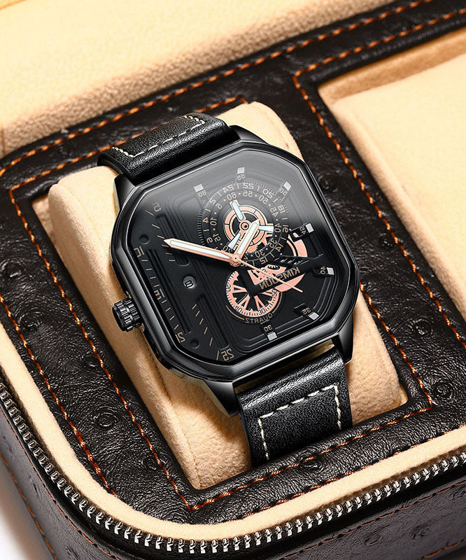 Unique Black Leather Quartz Movement Noctilucent Watches